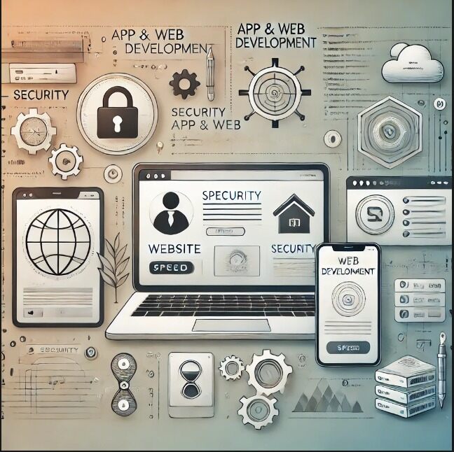 Illustration of app and web development with various icons representing security, speed, and website elements